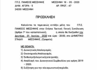 Αύριο, Δευτέρα, η ΓΣ του Παμίσου